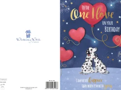 Birthday Card To The One I Love, Dalmatians And Balloons, Greeting Card By Wishing Well Studios - 6x9ins
