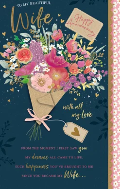 Luxury Hand-Finished Wedding Anniversary Card For Wife | Floral Design By Wishing Well Studios 7 x 11"