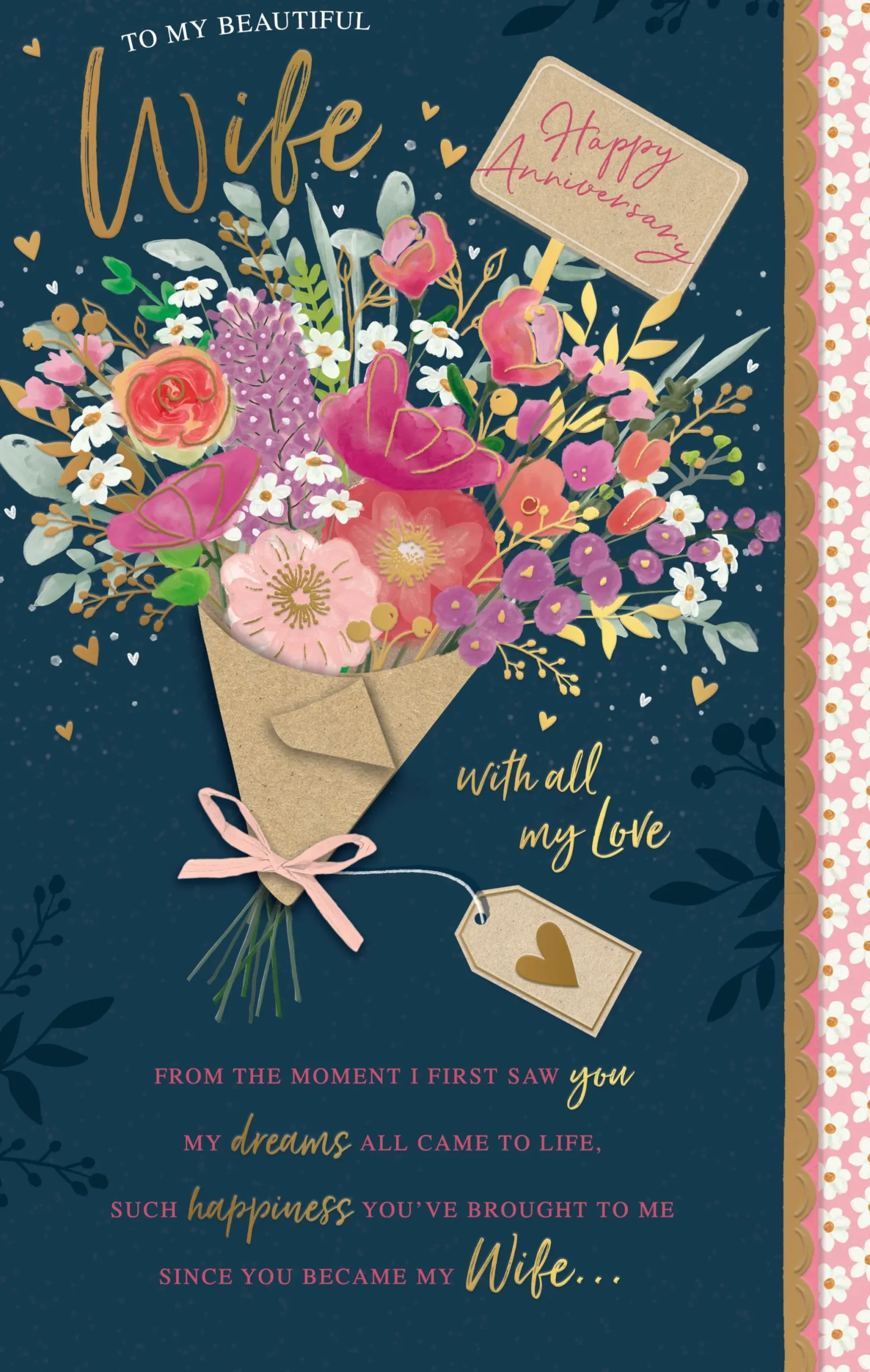 Luxury Hand-Finished Wedding Anniversary Card For Wife | Floral Design By Wishing Well Studios 7 x 11"