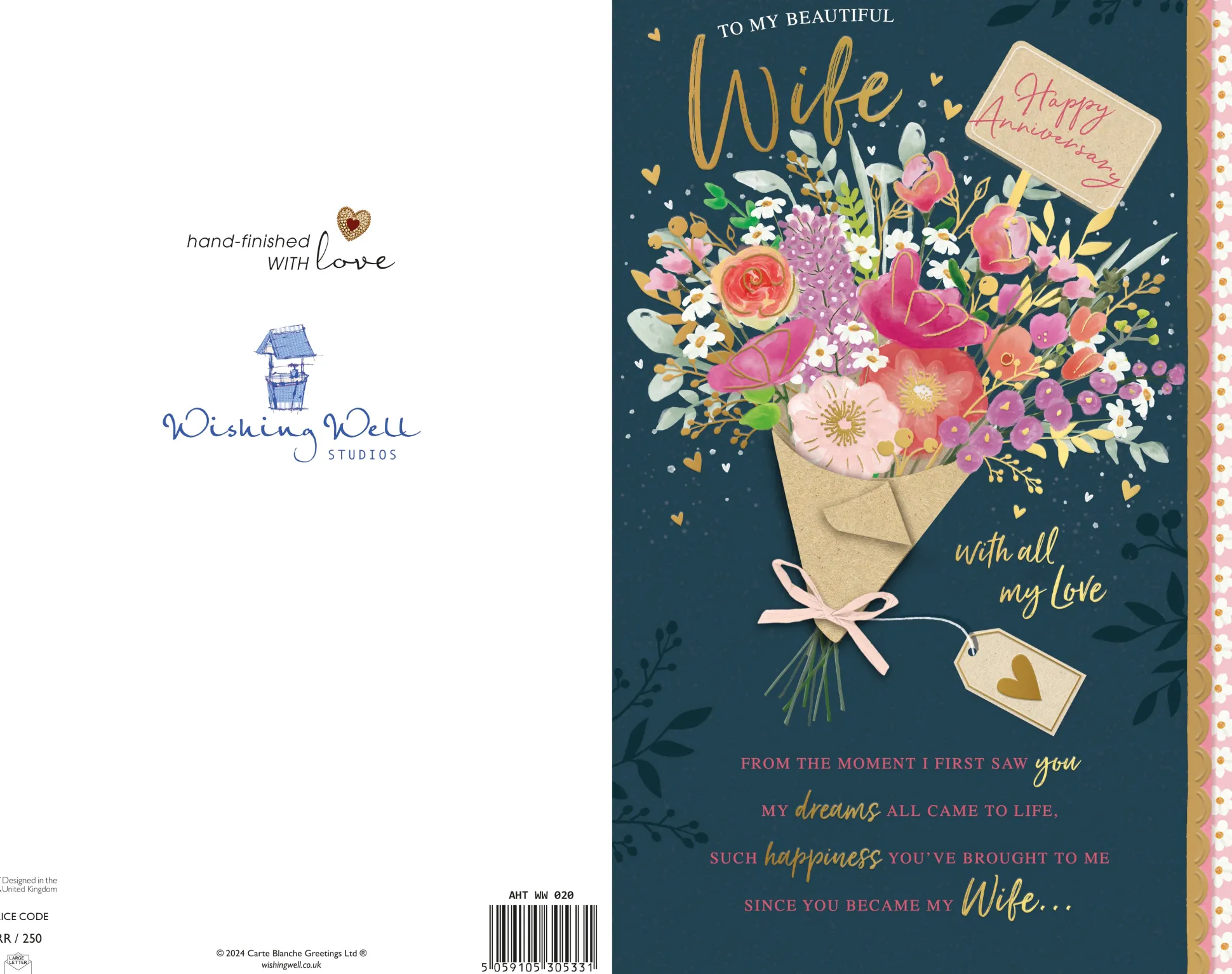 Luxury Hand-Finished Wedding Anniversary Card For Wife | Floral Design By Wishing Well Studios 7 x 11"