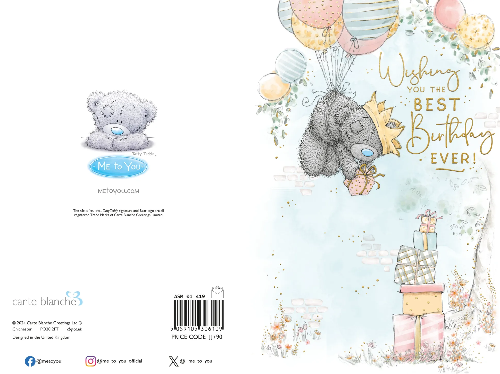 Me to You Tatty Teddy Birthday Card, Bear Floating With Balloons - 6 x 9"