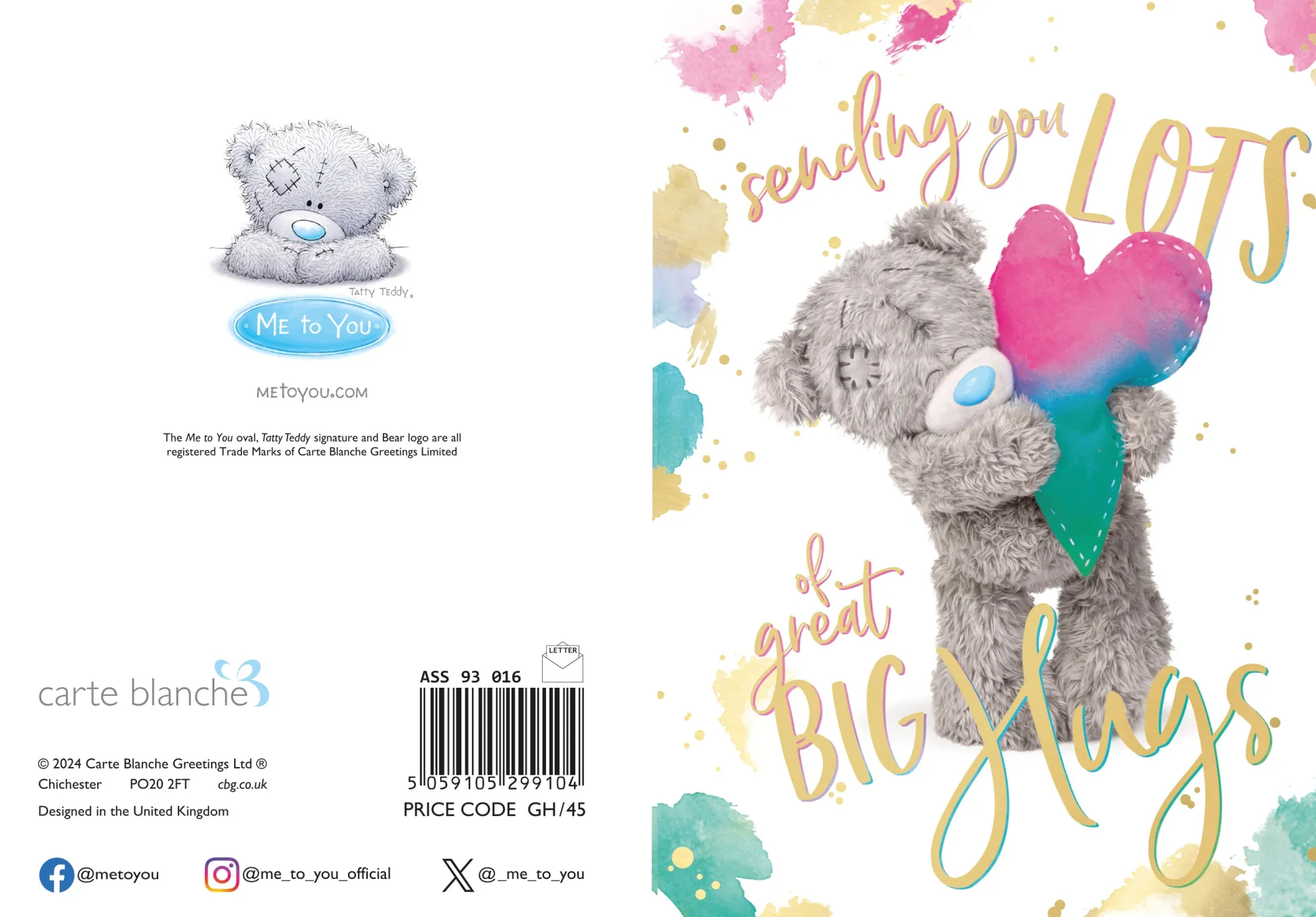 Me to You Tatty Teddy Card Sending Hugs Greetings Card | Blank Inside - 5 x 7"