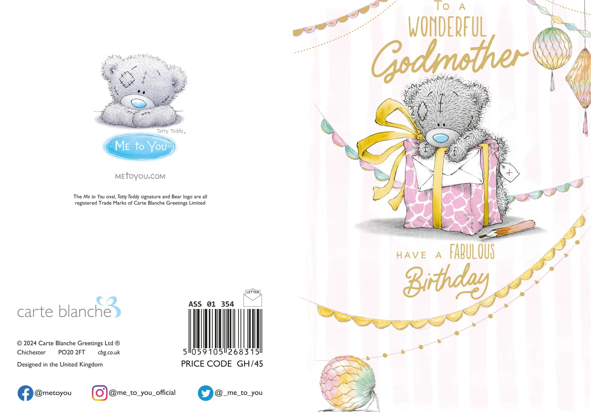 Me to You Tatty Teddy Cute Birthday Greetings Card 'To A Wonderful Godmother' - Official Collection