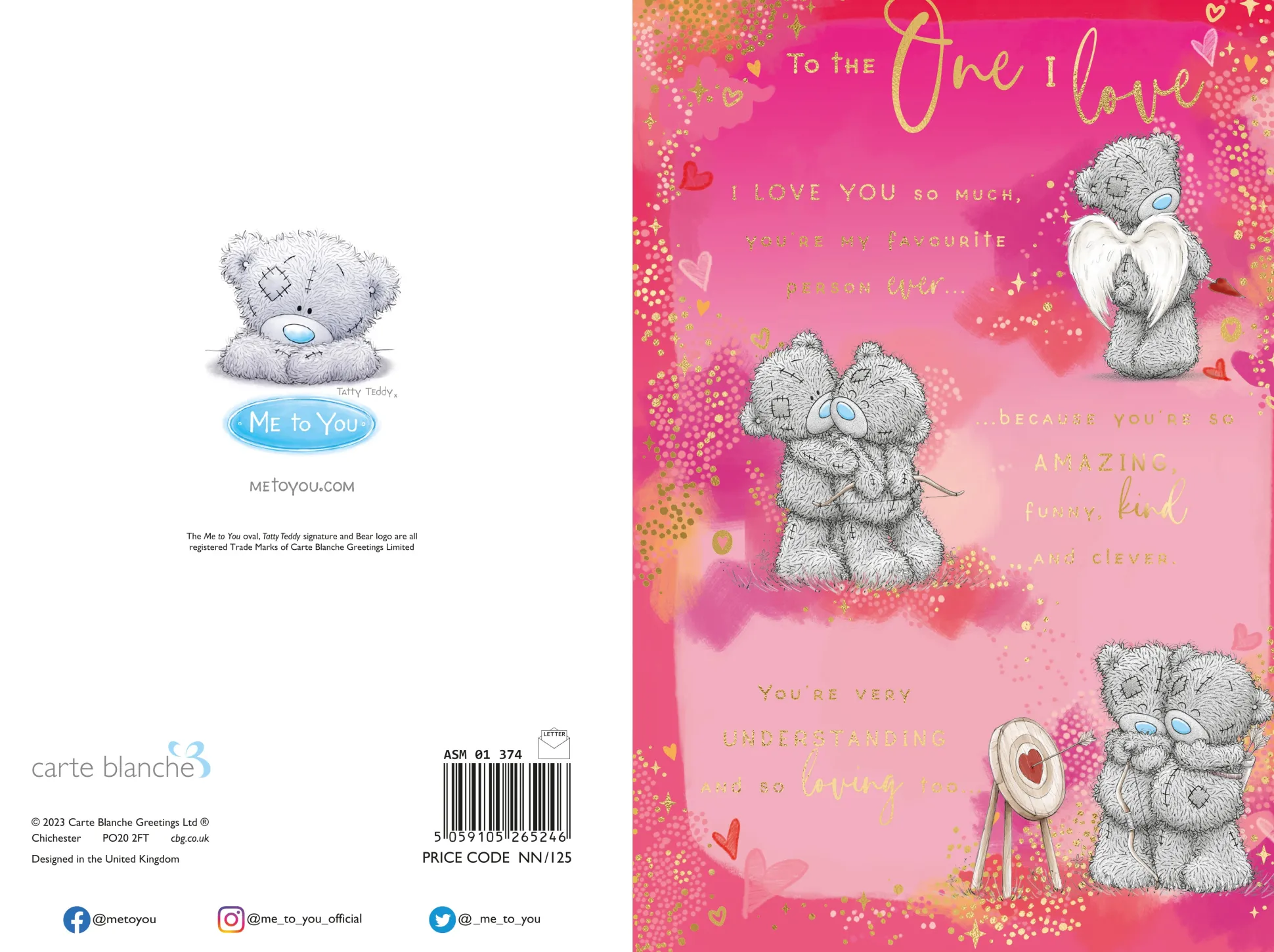 Me to You Tatty Teddy To The One I Love Romantic Verse Birthday Greeting Card 6x9ins -