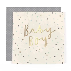 Stunning Foiled New Baby Birth Congrats Card For Baby Boy, With Bespoke Dotty Envelope - Anise Greeting Card by Hotchpotch London Size 6 x 6 inches